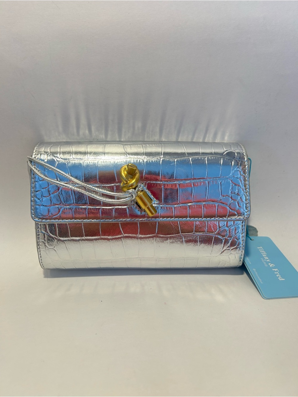 Metallic Silver Croc-Embossed Clutch with Gold Hardware
